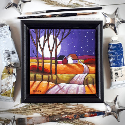 Purple Night Country Road, Framed Original Painting 6x6