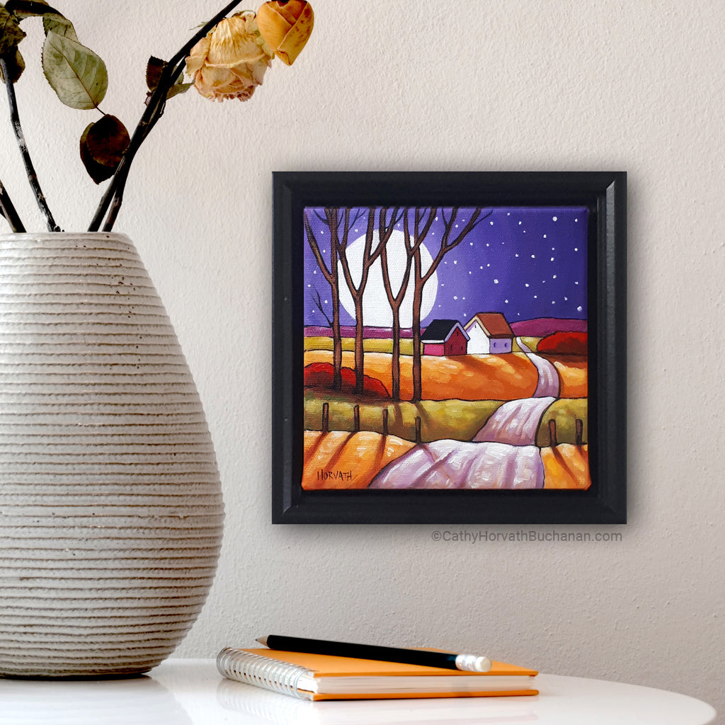 Purple Night Country Road, Framed Original Painting 6x6