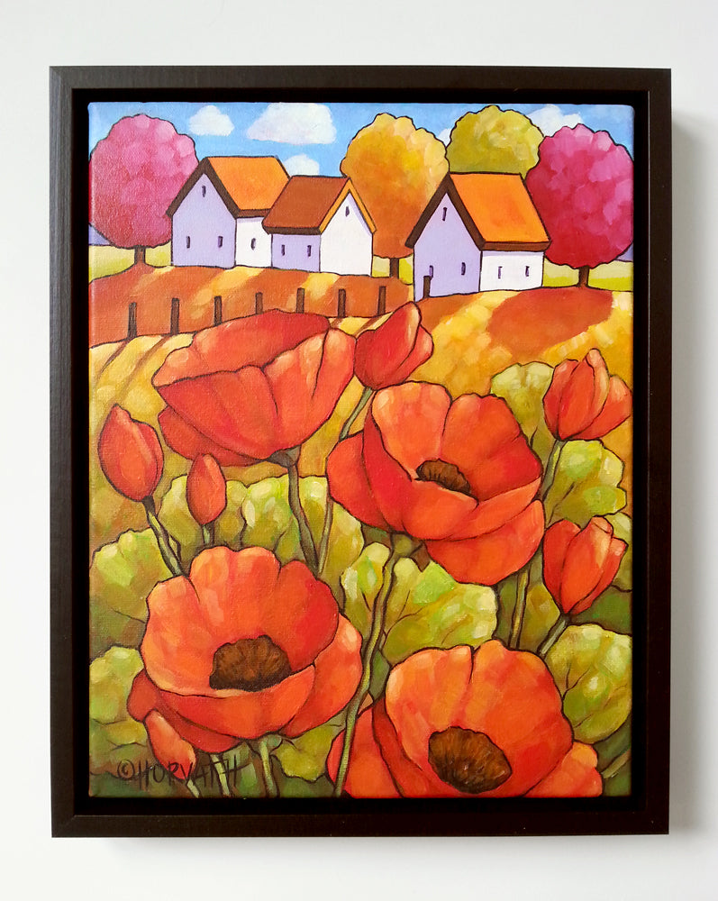 Red Poppies Landscape Framed Original Painting, Country Wild Flowers 11x14