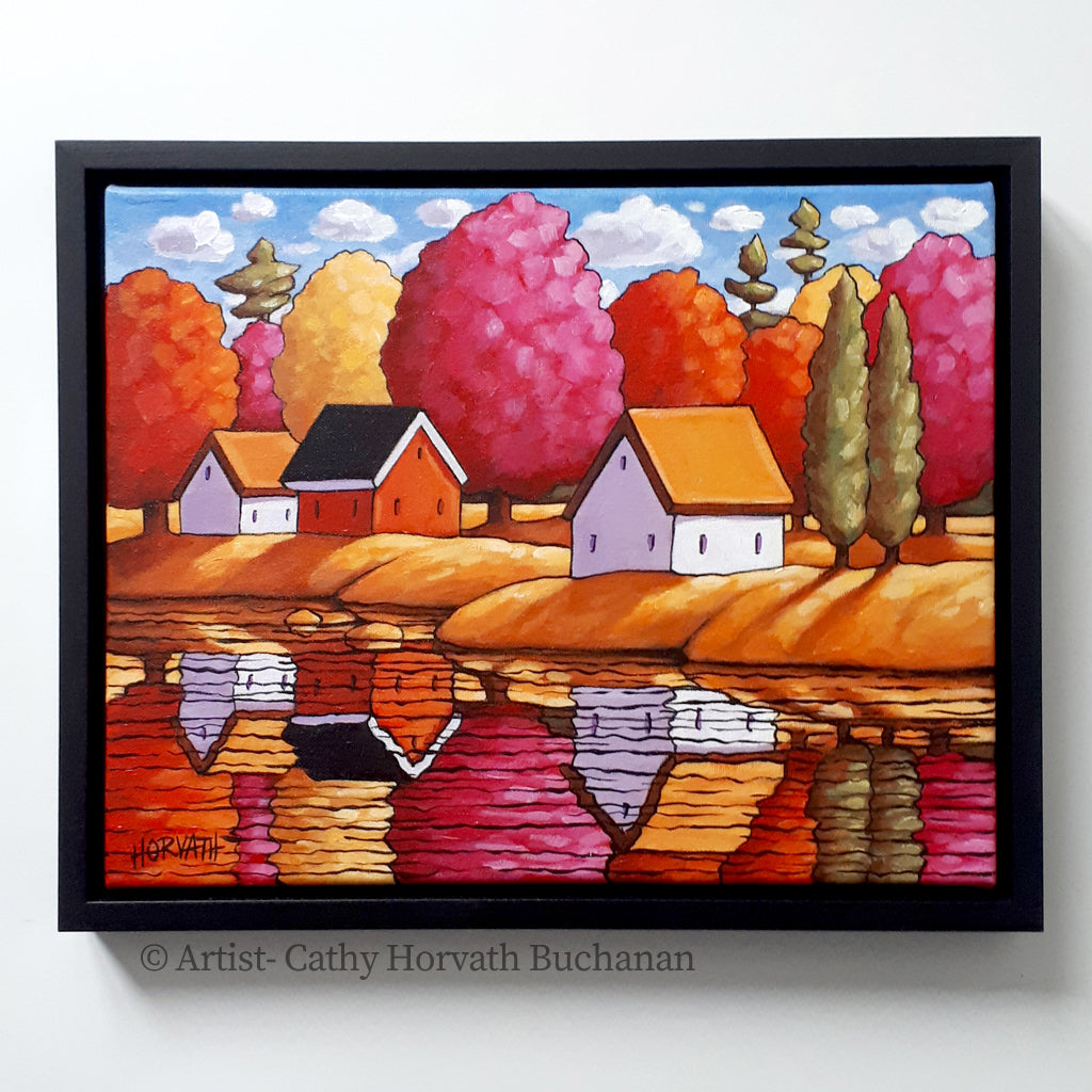 Red Trees River Reflection Framed Original Painting, Waterside Colors 11x14