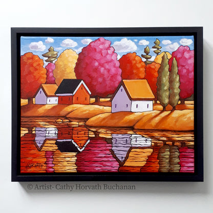 Red Trees River Reflection Framed Original Painting, Waterside Colors 11x14