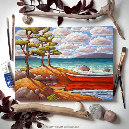 Red Canoe Water View, Original Painting 12x16