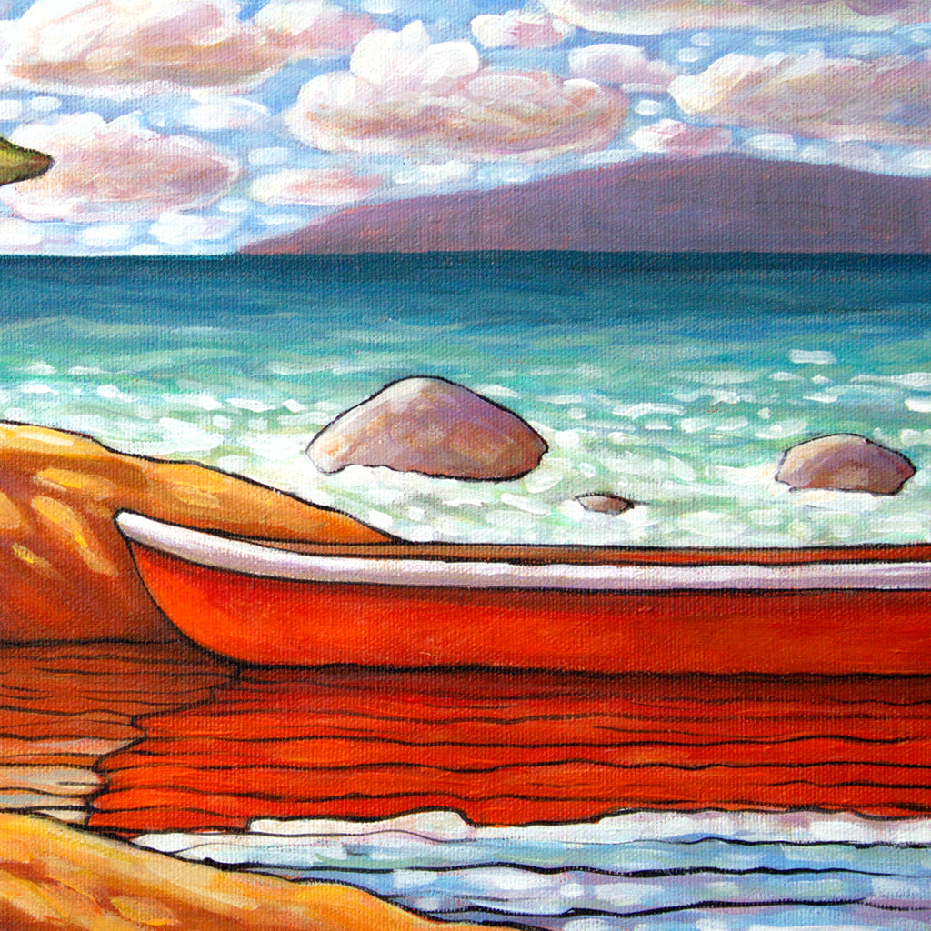 detail view Red Canoe Water View, Framed Original Painting 12x16 by artist Cathy Horvath Buchanan
