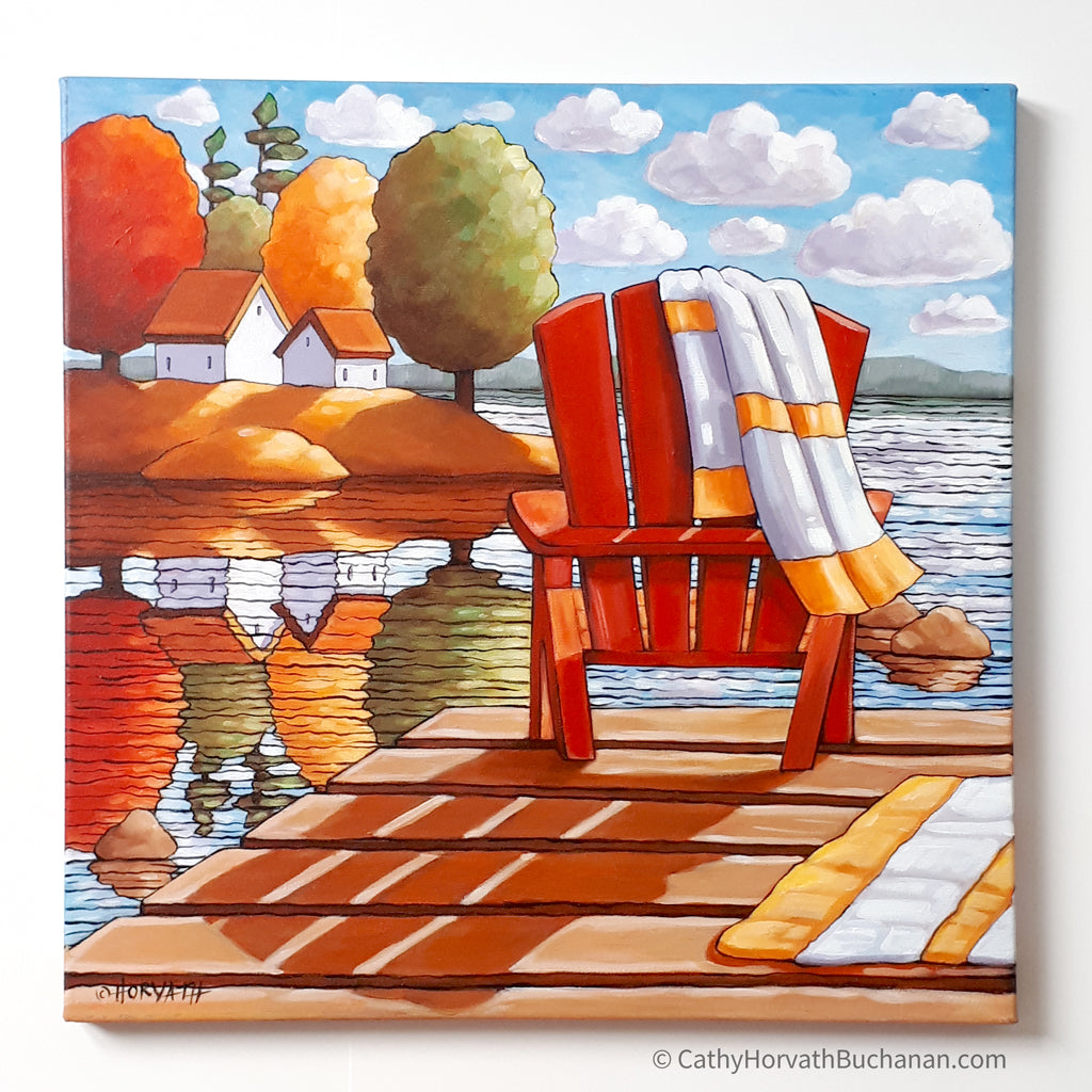 Red Deck Chair Water View Framed Original Painting, Seascape 18x18 by artist Cathy Horvath Buchanan