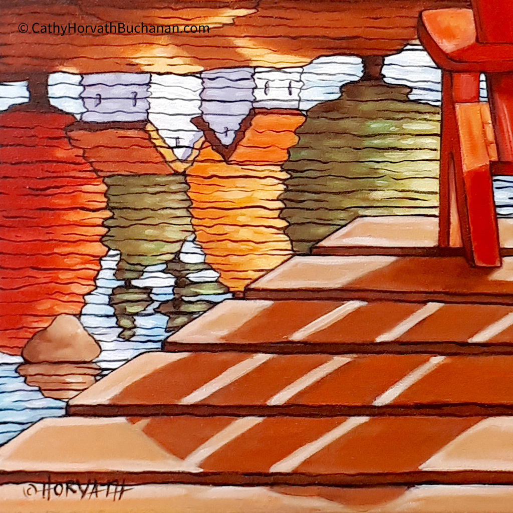 Red Deck Chair Water View Framed Original Painting, Seascape 18x18 by artist Cathy Horvath Buchanan