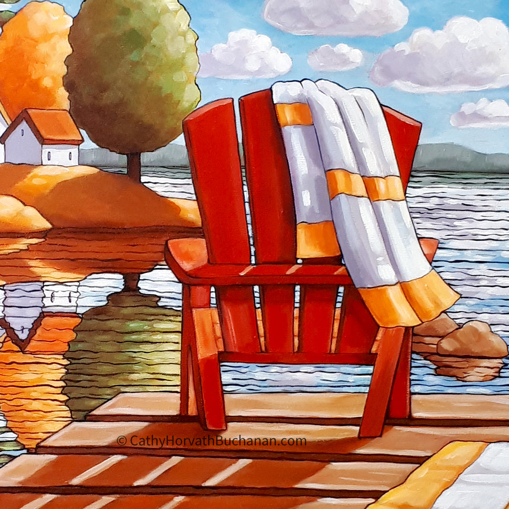 Red Deck Chair Water View Framed Original Painting, Seascape 18x18 by artist Cathy Horvath Buchanan