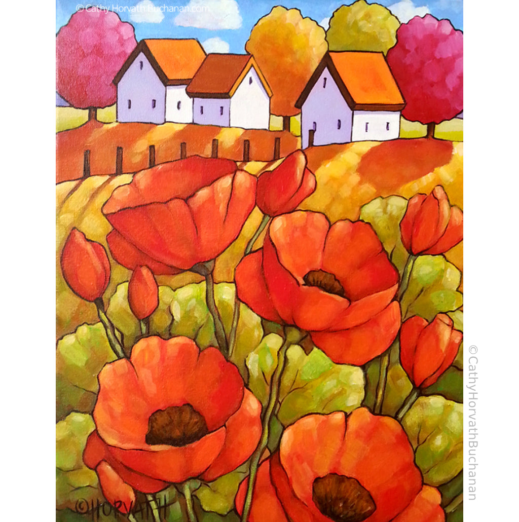 Red Poppies Country Landscape Original Painting 11x14