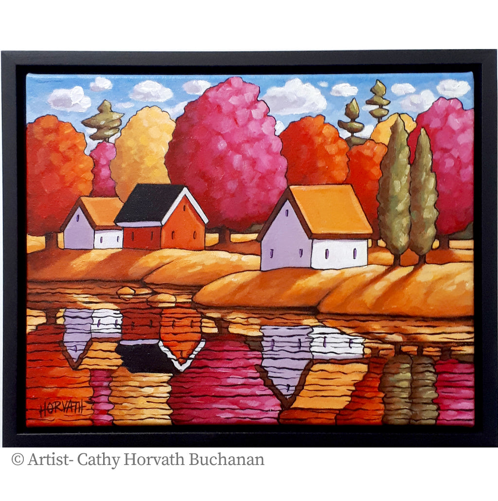 Red Trees River Reflection Framed Original Painting, Waterside Colors 11x14 by artist cathy horvath buchanan