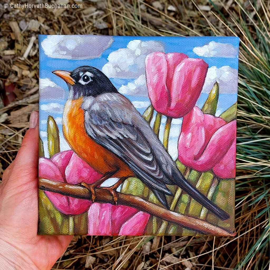 Spring Tulips Robin - Original Painting by artist Cathy Horvath Buchanan outdoor view