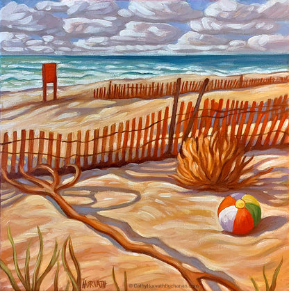 Sand Fence Beachball, Horizons Original Painting 12x12