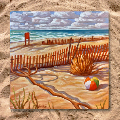 Sand Fence Beachball, Horizons Original Painting 12x12