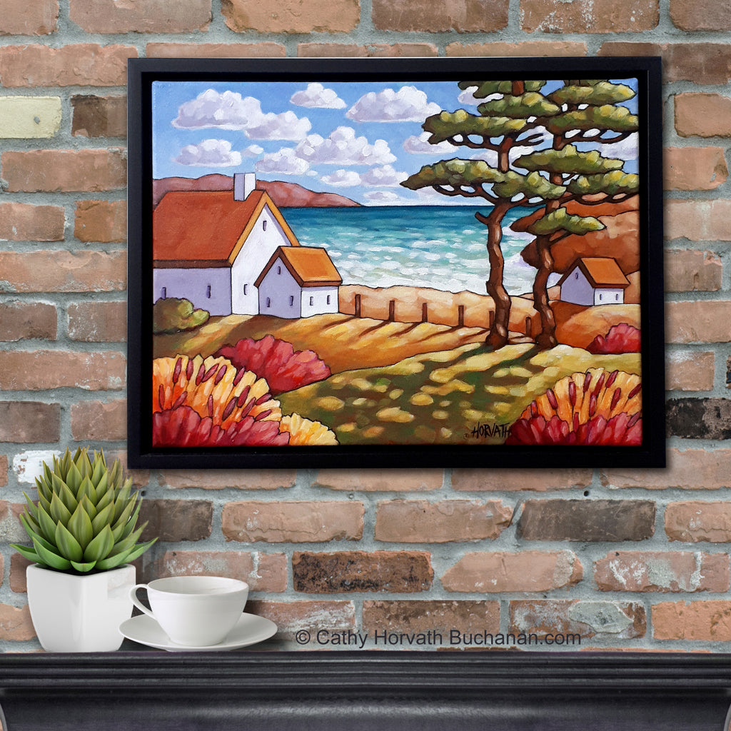 Seaside Garden Summer Cottage Framed Original Painting, Folk Art Coastal View 12x16