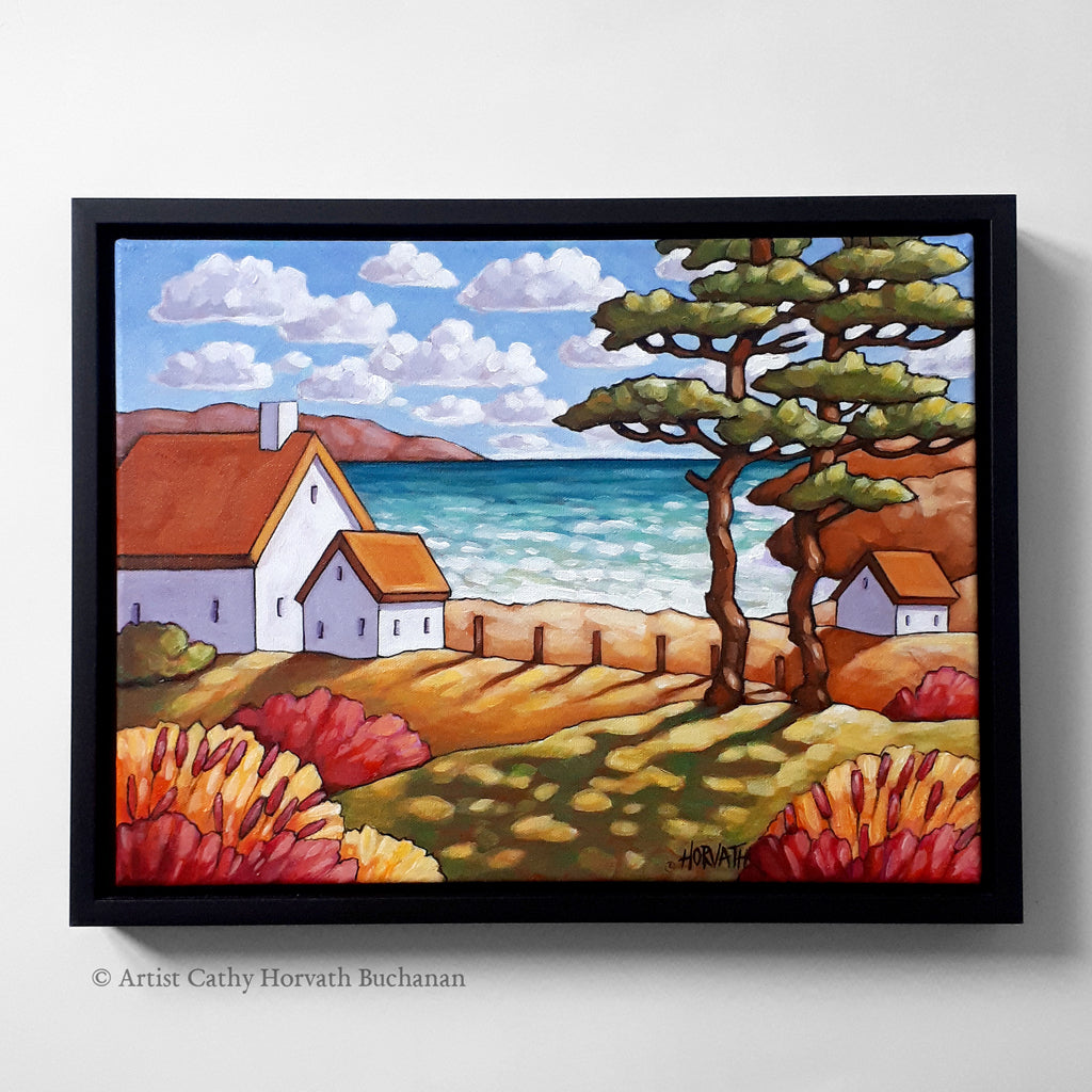 Seaside Garden Summer Cottage Framed Original Painting, Folk Art Coastal View 12x16