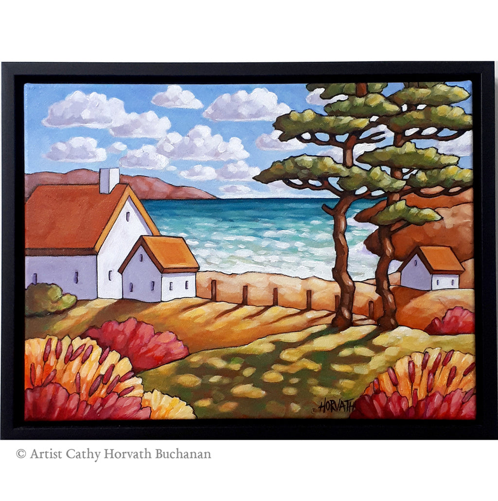 Seaside Garden Summer Cottage Framed Original Painting, Folk Art Coastal View 12x16