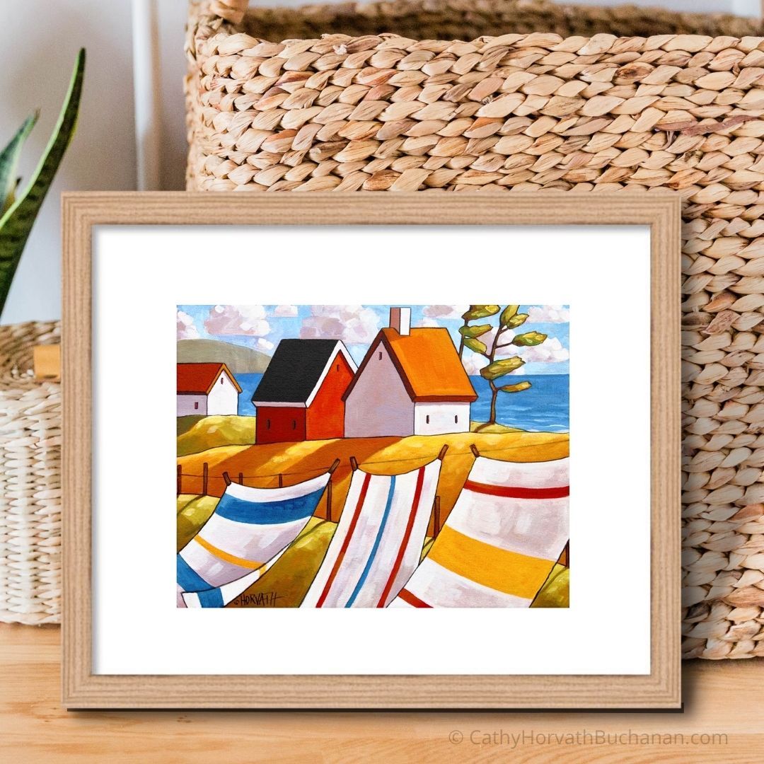 Coastal Beach Towel Folk Art Print, Summer Seaside Breeze Giclee byartist Cathy Horvath Buchanan