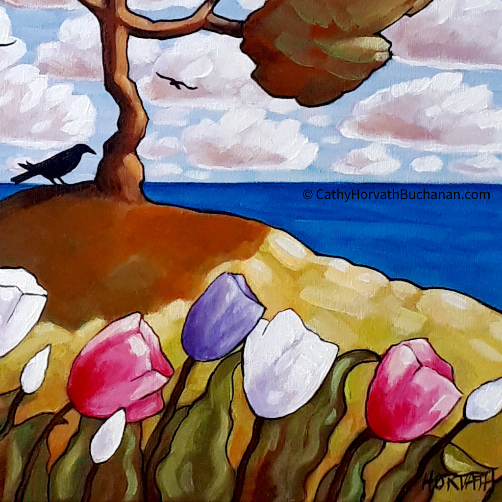 Seaside Three Crows Tree Framed Original Painting, Coastal 14x18 by artist Cathy Horvath Buchanan