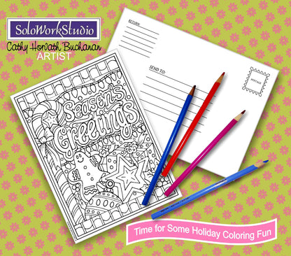 Seasons Greetings Coloring Card Kit, Card + Envelope PDF Download Printable by Cathy Horvath Buchanan