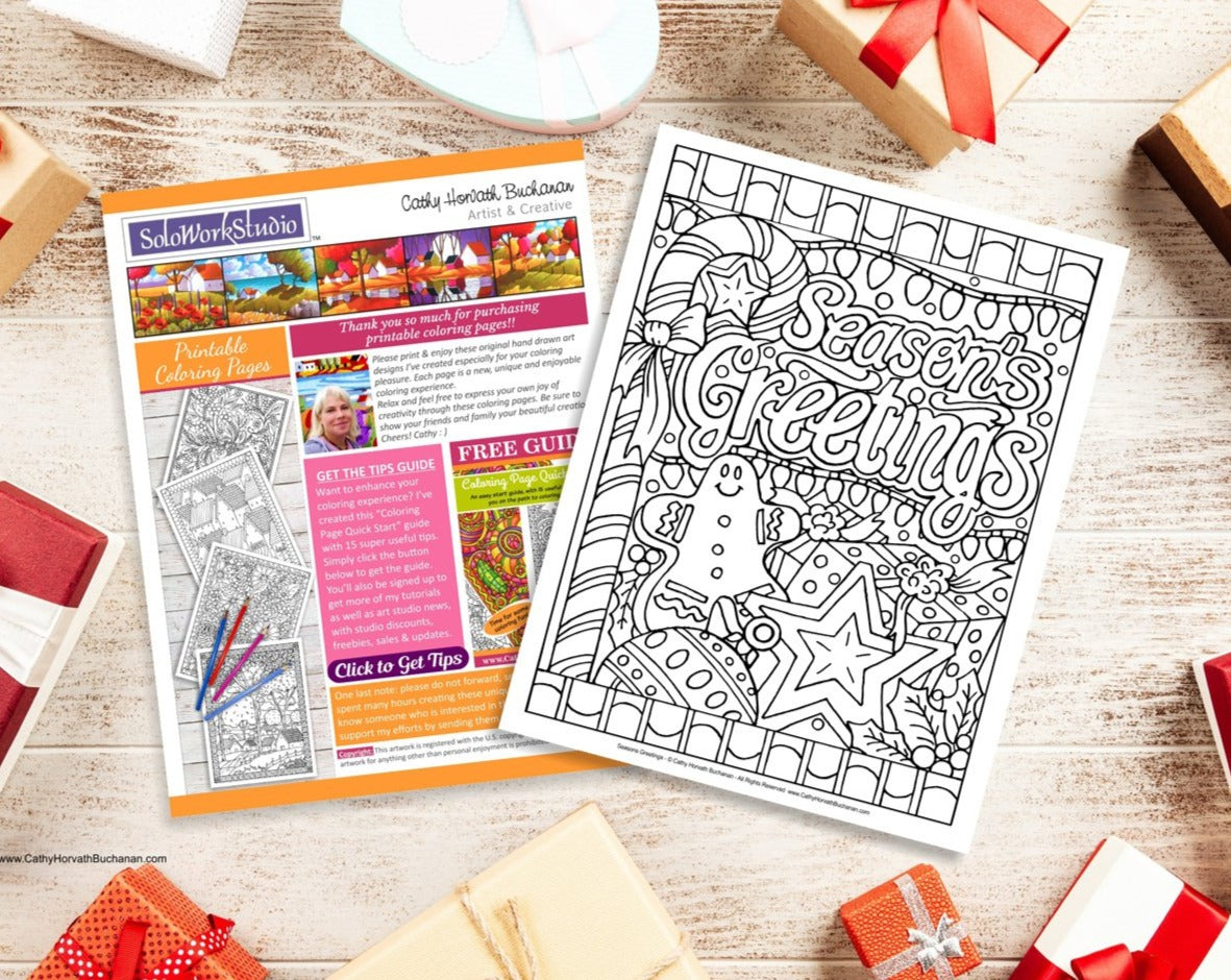 Seasons Greetings Holiday Coloring Page, PDF Download Printable by Cathy Horvath Buchanan