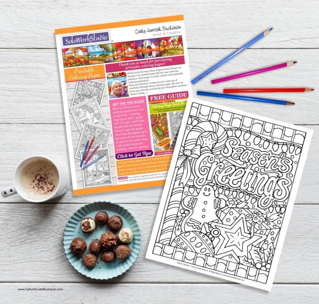 Seasons Greetings Holiday Coloring Page, PDF Download Printable by Cathy Horvath Buchanan