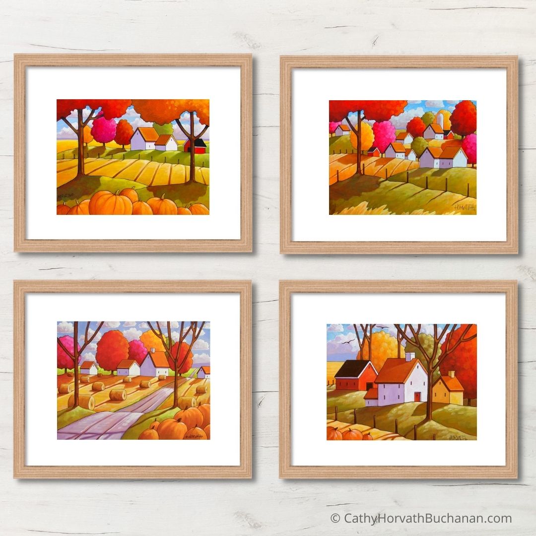 5x7 Set of 4 Rural Farmhouse Art Prints, Fall Country Collection Giclees by artist Cathy Horvath Buchanan