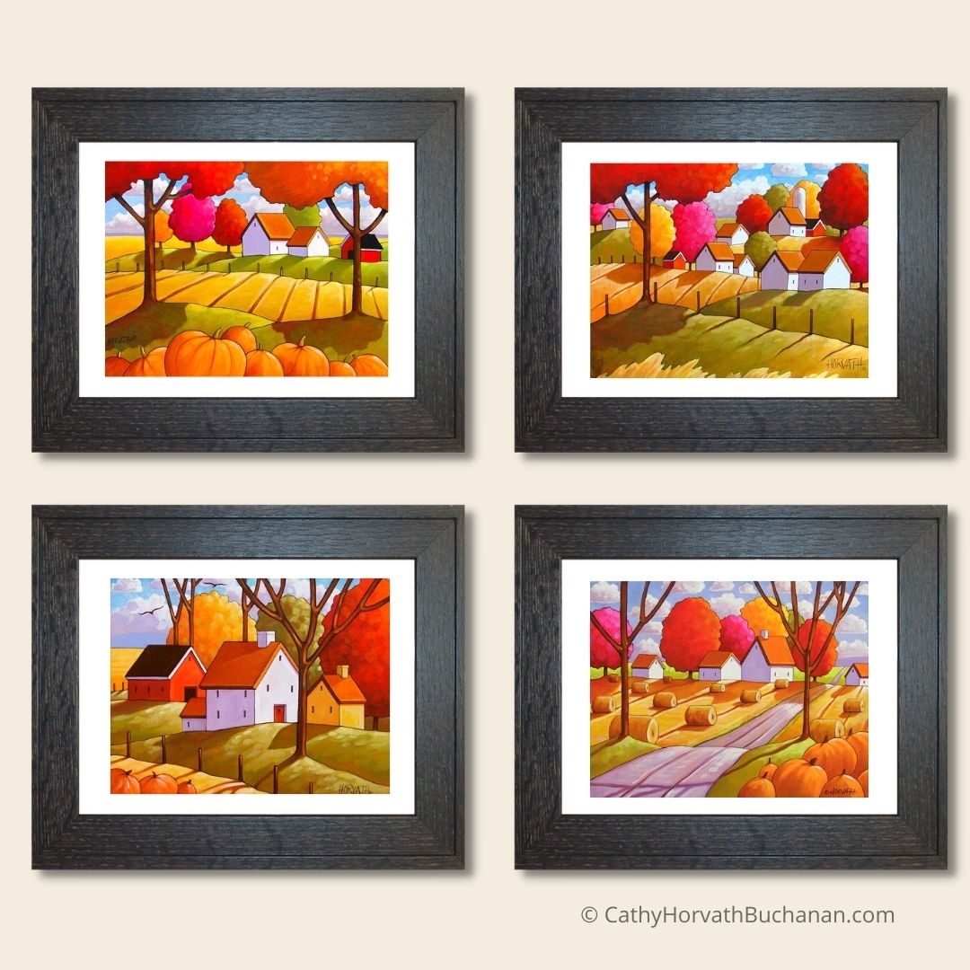 5x7 Set of 4 Rural Farmhouse Art Prints, Fall Country Collection Giclees by artist Cathy Horvath Buchanan