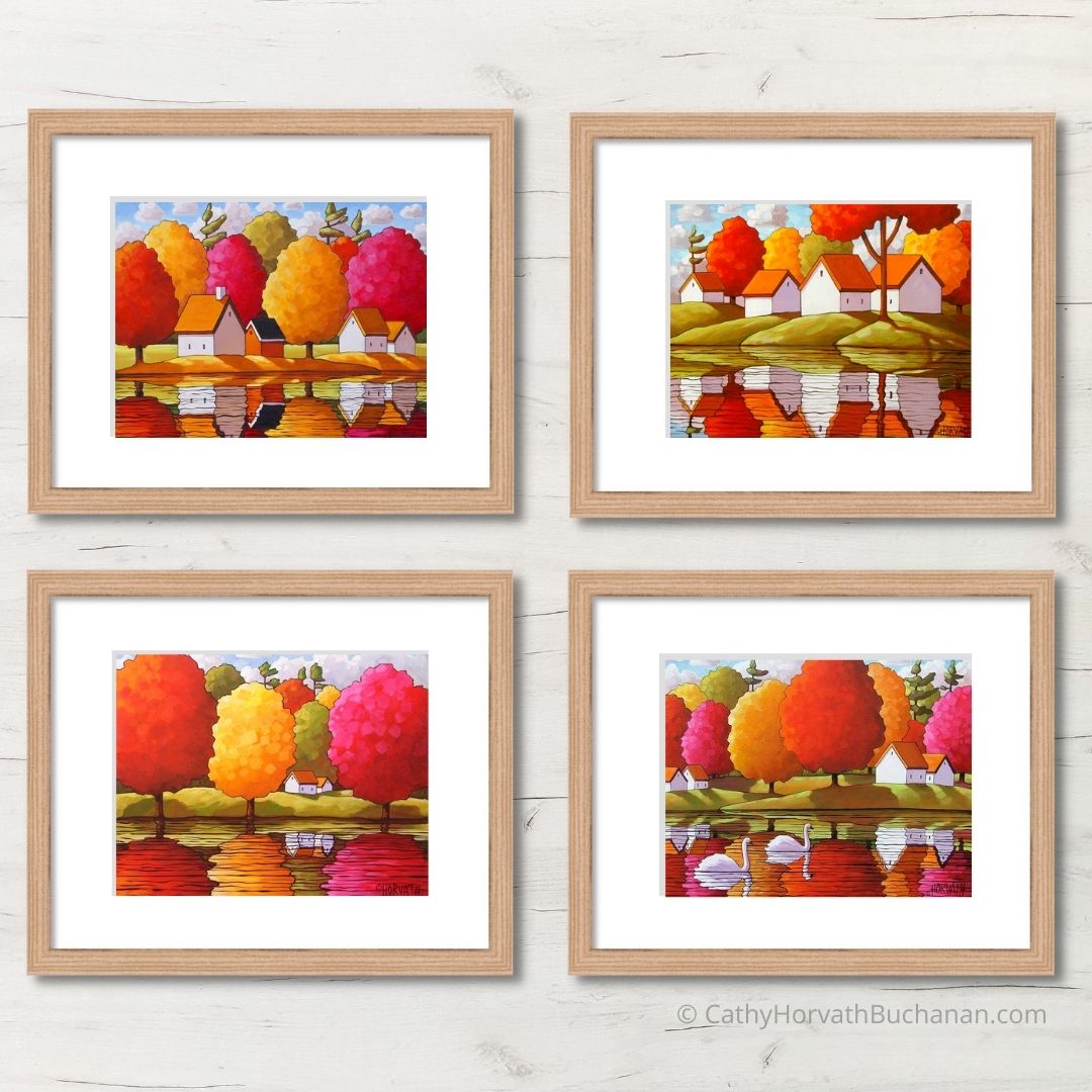 5x7 Set of 4 Fall Reflection Landscape Art Prints, Fall Country Collection Giclees by artist Cathy Horvath Buchanan