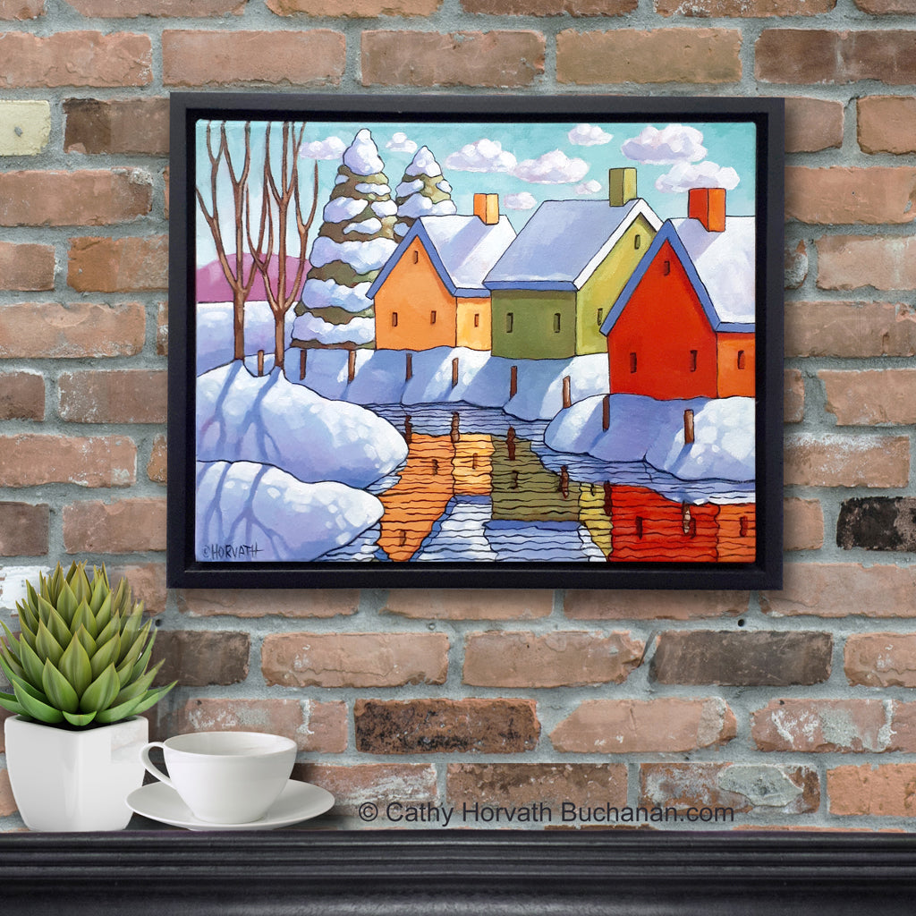 Snow Creek Reflection Framed Original Painting, Folk Art Winter Snow View 11x14