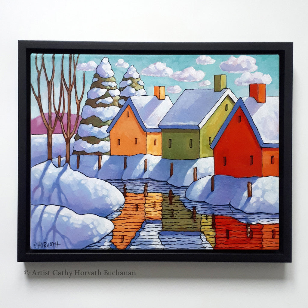 Snow Creek Reflection Framed Original Painting, Folk Art Winter Snow View 11x14