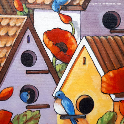 Bluebird House Poppies- Original Painting