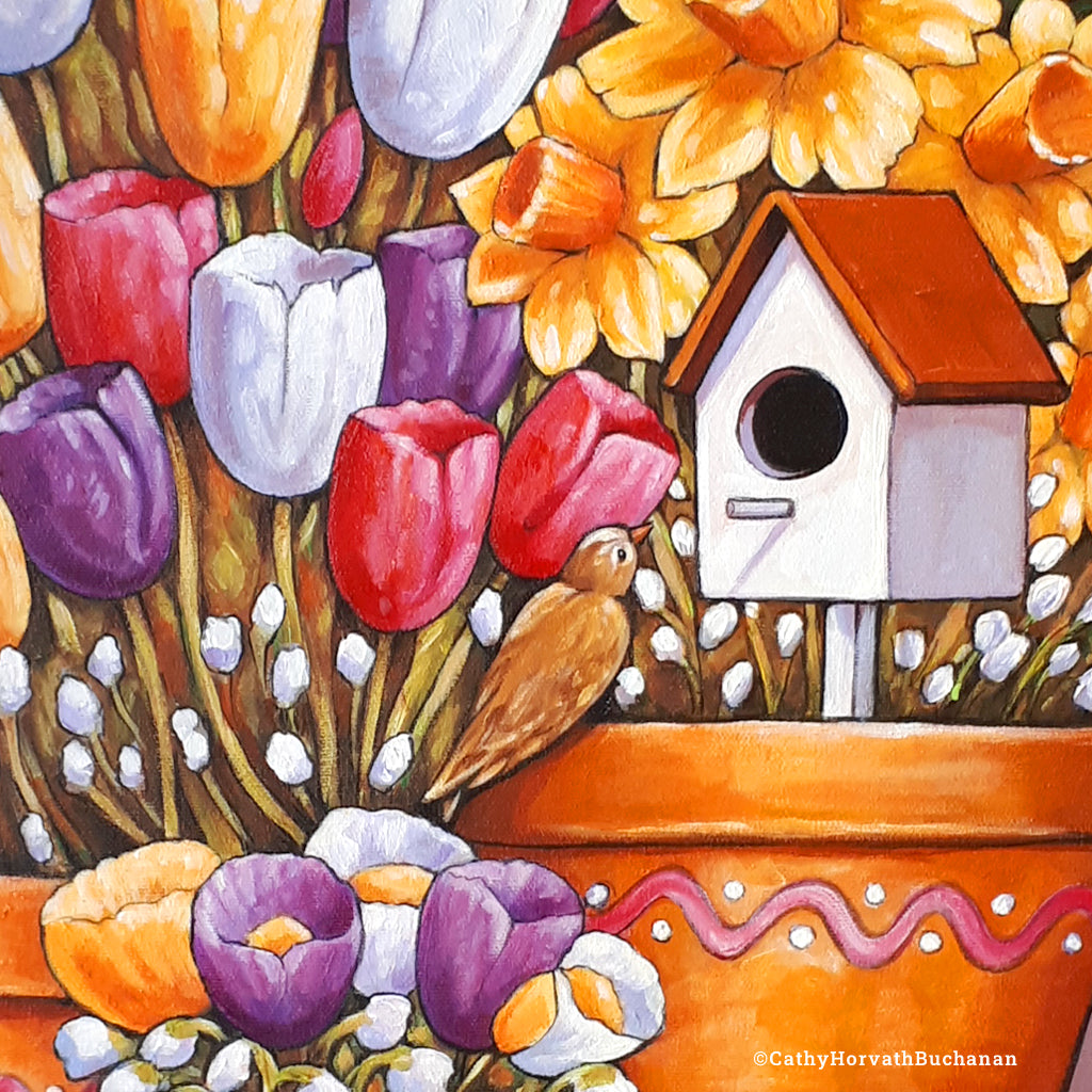 Spring Birds Flower Pots - Original Painting
