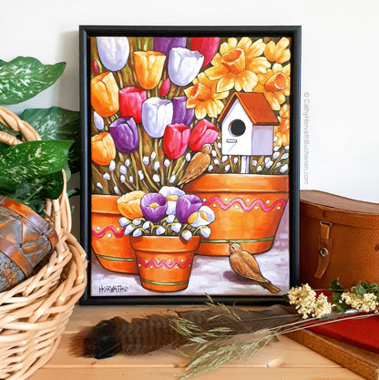 Spring Birds Flower Pots - Original Painting by artist Cathy Horvath Buchanan