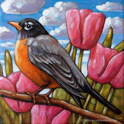 Spring Tulips Robin - Original Painting by artist Cathy Horvath Buchanan