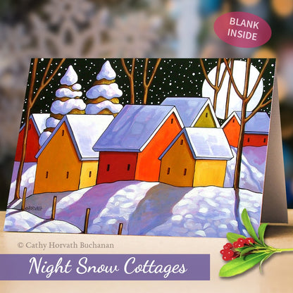 night snow cottages art card by artist Cathy Horvath Buchanan