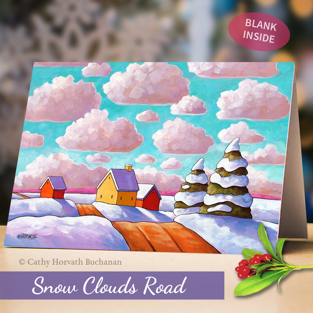 snow clouds road art card by artist Cathy Horvath Buchanan