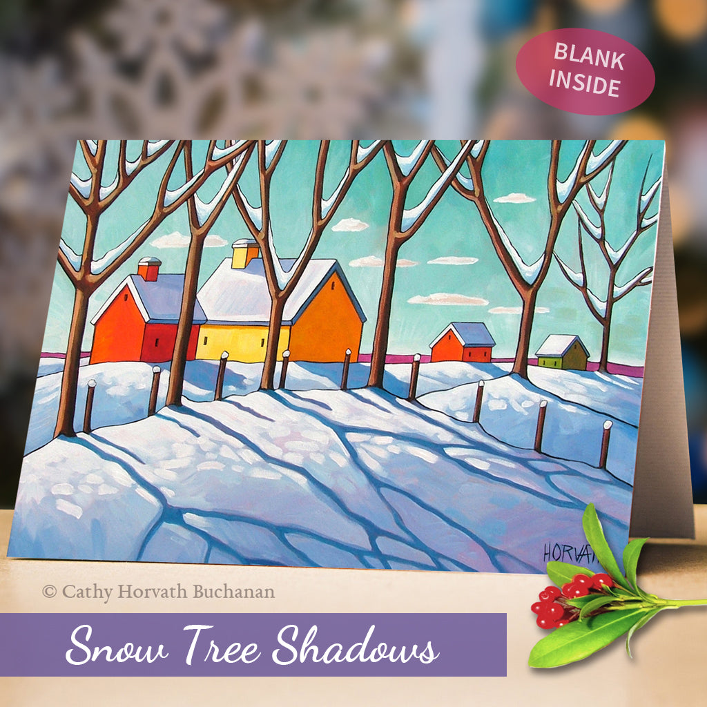 snow tree shadows art card by artist Cathy Horvath Buchanan