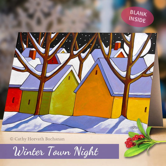 winter town night art card by artist Cathy Horvath Buchanan