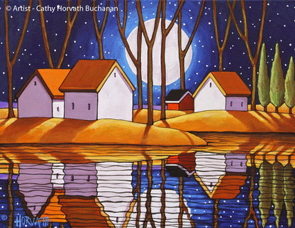 Blue Starry Night Moon Water Reflection Giclee Art Print by artist Cathy Horvath Buchanan