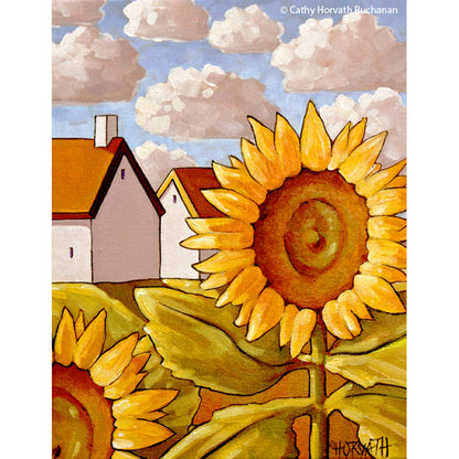 Sunflowers Cottages Scenic View Giclee, Garden Art Print  by Cathy Horvath Buchanan