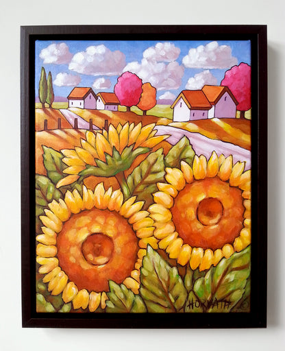 Big Sunny Sunflower Original Painting, Summer Flowers Rural Landscape 11x14