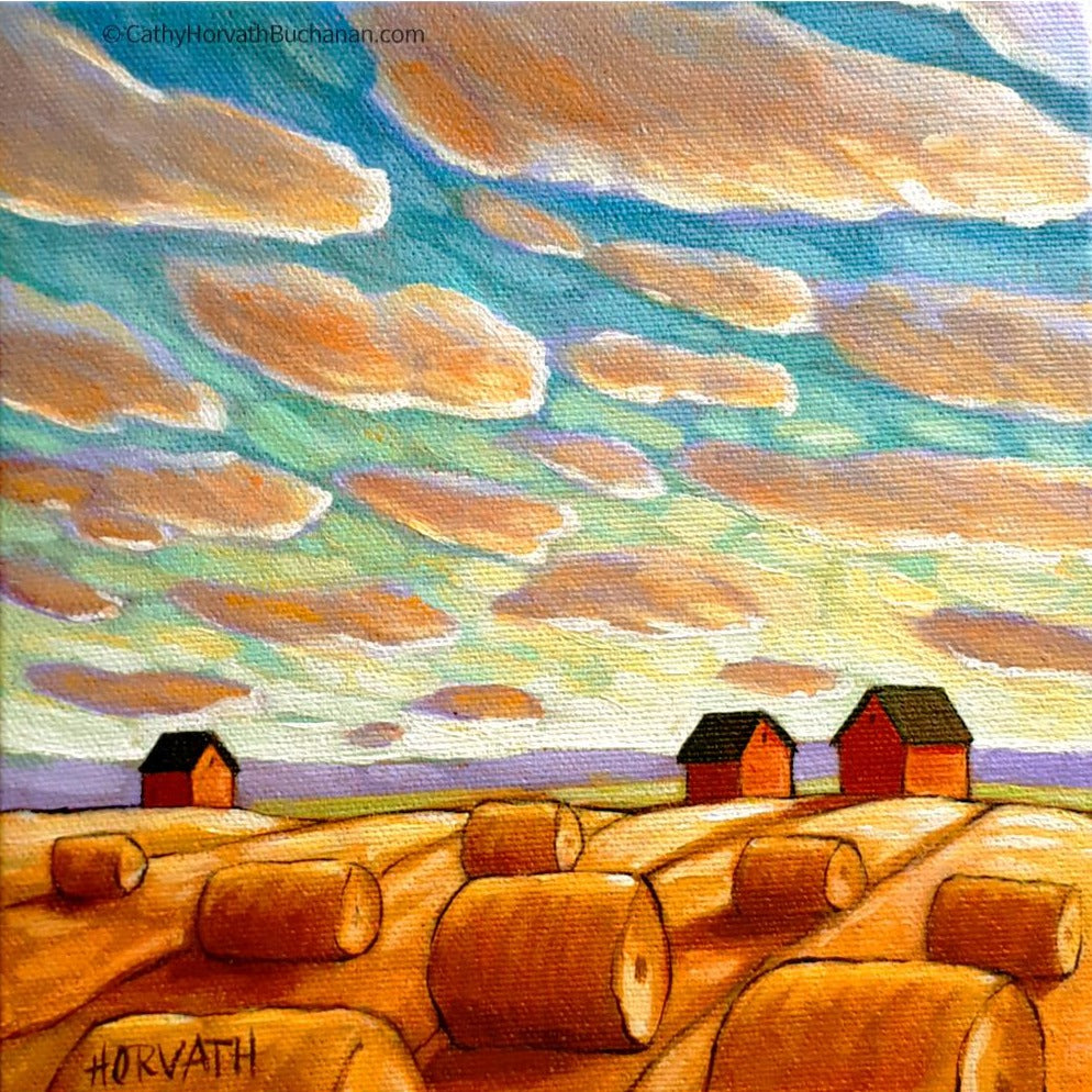 Sunset Sky Hay Rolls Original Painting, Little Big Sky 7x7