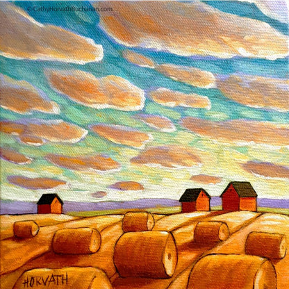 Sunset Sky Hay Rolls Original Painting, Little Big Sky 7x7