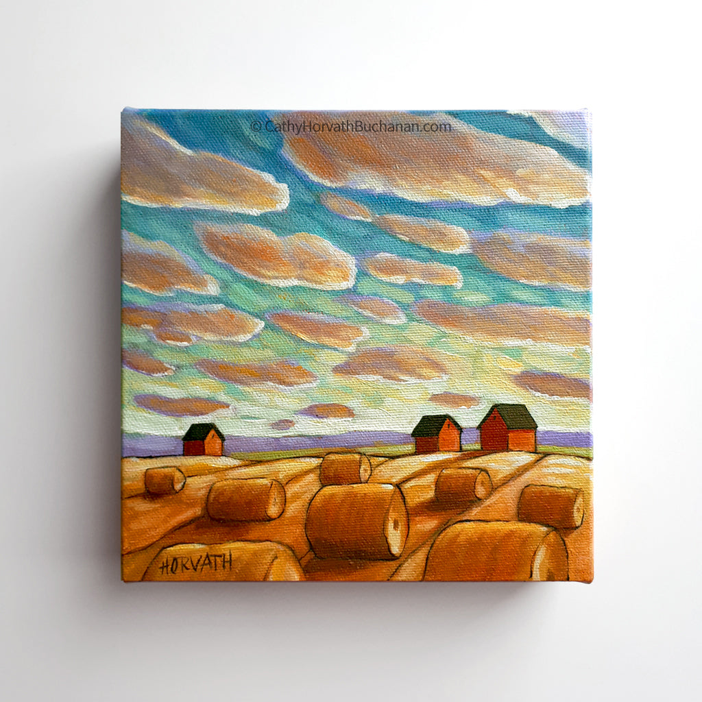 Sunset Sky Hay Rolls - Original Painting by Cathy Horvath Buchanan