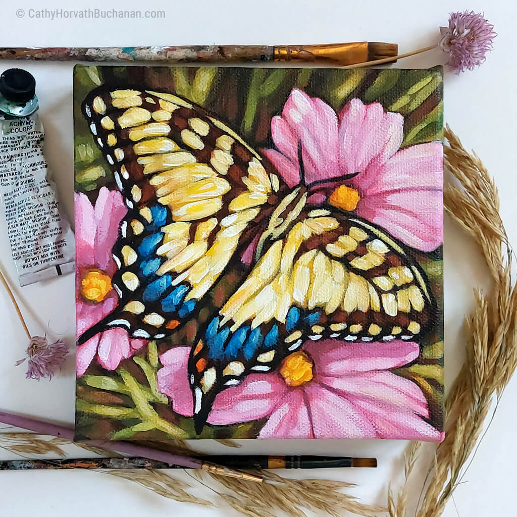Swallowtail Pink Blooms - Original Painting by artist Cathy Horvath Buchanan flatlay