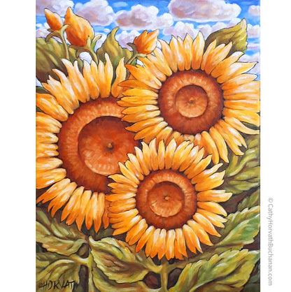 Three Sunflowers, Flowerscape Original Painting 12x16