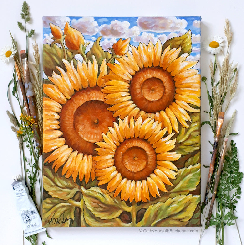 Three Sunflowers - Original Painting by artist cathy horvath buchanan