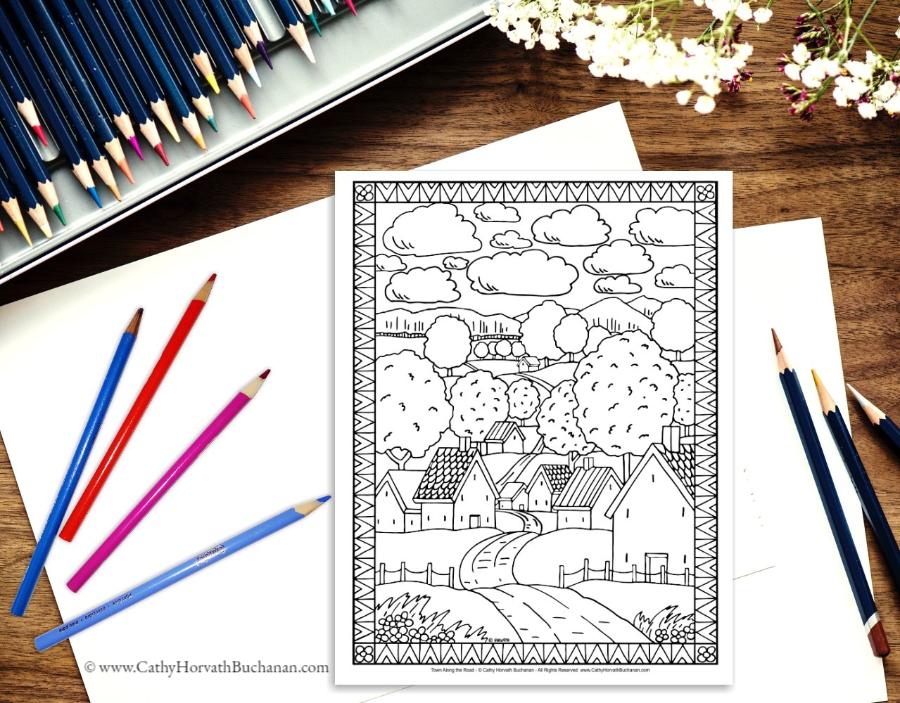 Town Country Folk Art Scenes Coloring Pages 10 Pack , PDF Printable Download
