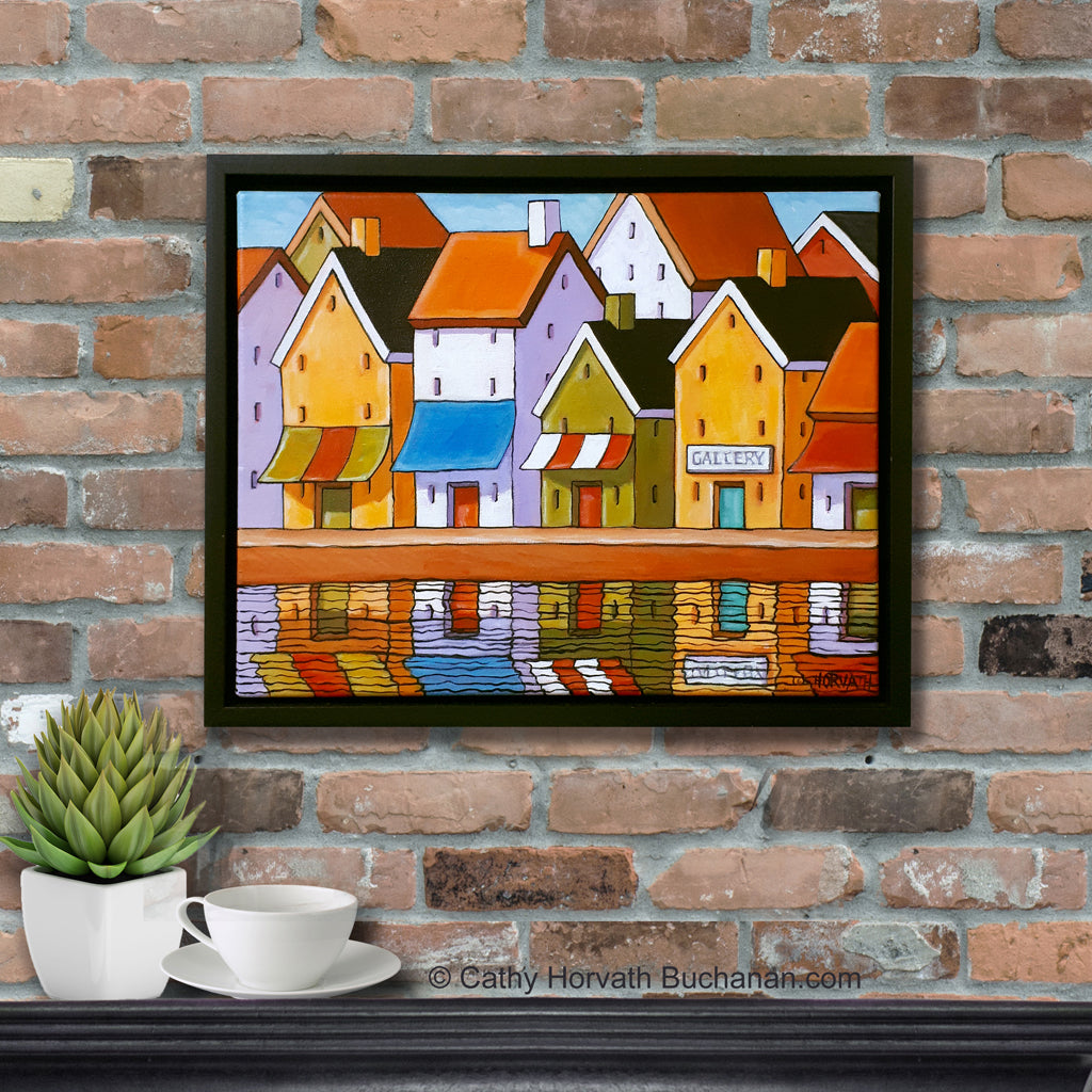 Town Harbor Shop Colors Framed Original Painting, Folk Art Waterside View 11x14