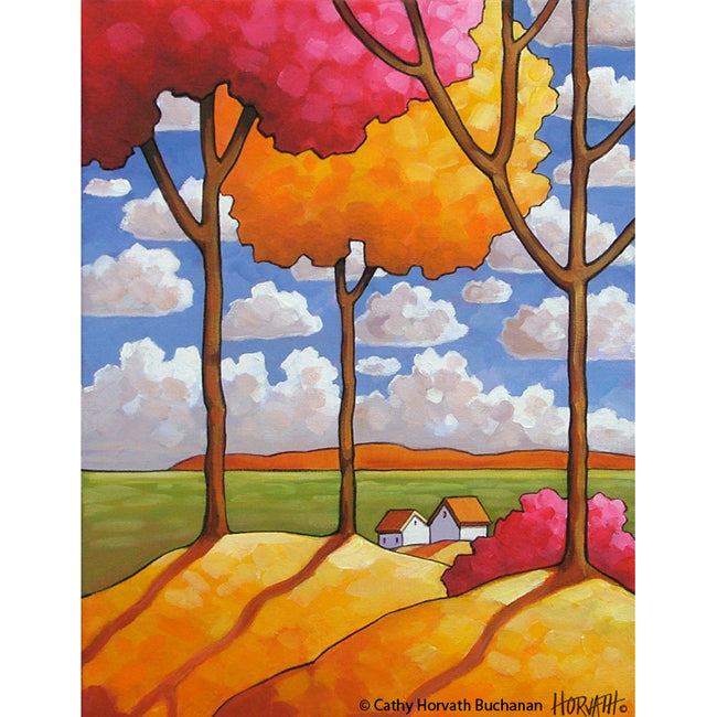 Colorful Treeside Clouds View, Modern Folk Art Print, Giclee Landscape by artist Cathy Horvath Buchanan