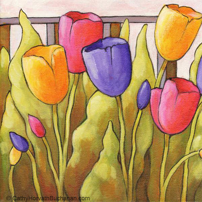tulips fence countryside painting detail 2 by cathy horvath buchanan