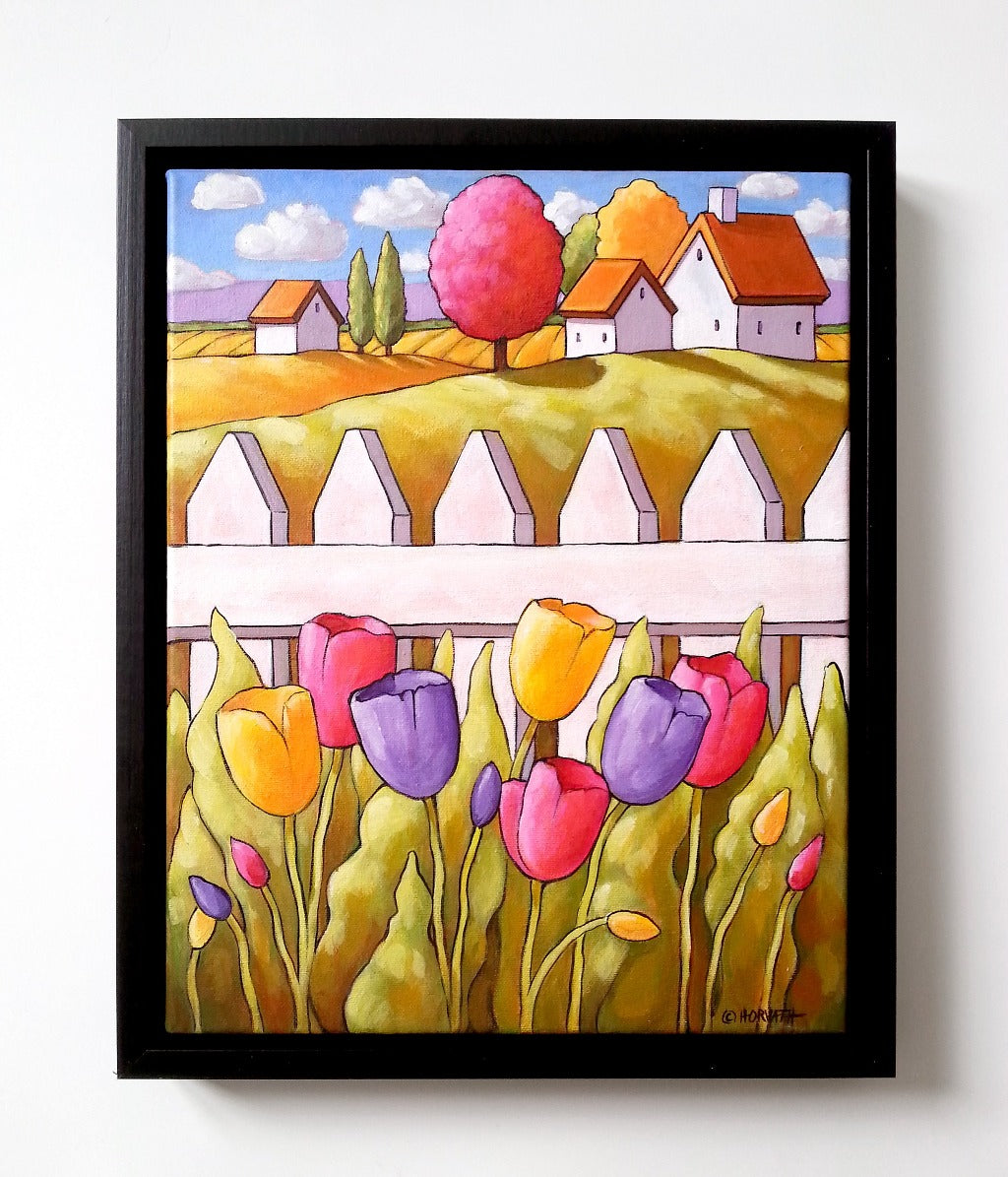 Original Painting Spring Tulip Garden Fence Countryside, Framed 11x14 Artwork